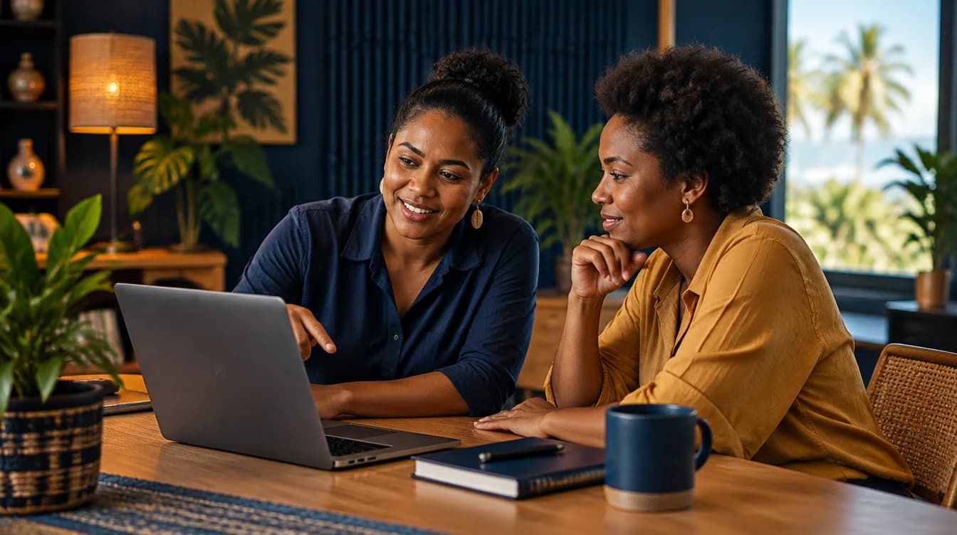 Illustration of two digital creators discussing a learning resource at a laptop