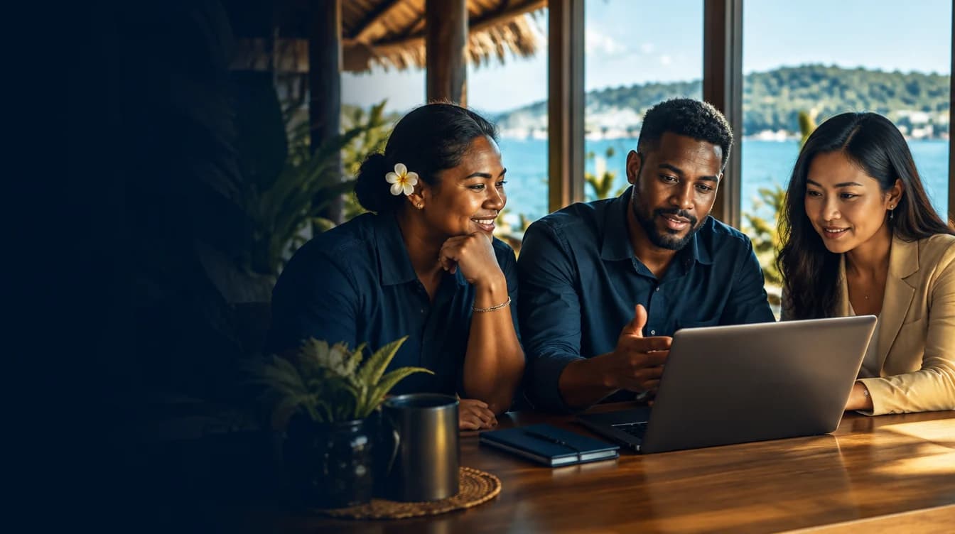 Illustration of digital entrepreneurs exploring an online learning resource together in a Pacific workspace